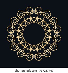 Golden round ornament, frame, border, line art icon. Vector linear floral geometric motif. Isolated design element for brochure, invitation card, logo, monogram, emblem. Gold and black background