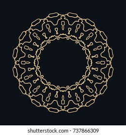 Golden round ornament, frame, border, line art icon. Vector linear floral geometric motif. Isolated design element for brochure, invitation card, logo, monogram, emblem. Gold and black background