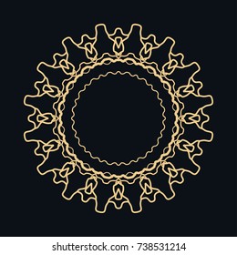 Golden round ornament, frame, border, line art icon. Vector linear floral geometric motif. Isolated design element for brochure, invitation card, logo, monogram, emblem. Gold and black background