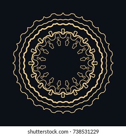Golden round ornament, frame, border, line art icon. Vector linear floral geometric motif. Isolated design element for brochure, invitation card, logo, monogram, emblem. Gold and black background