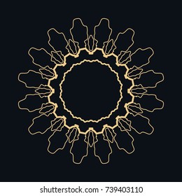 Golden round ornament, frame, border, line art icon. Vector linear floral geometric motif. Isolated design element for brochure, invitation card, logo, monogram, emblem. Gold and black background