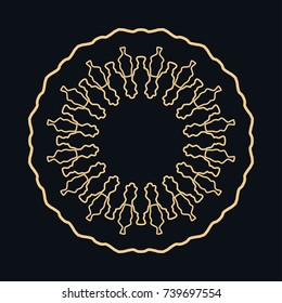 Golden round ornament, frame, border, line art icon. Vector linear floral geometric motif. Isolated design element for brochure, invitation card, logo, monogram, emblem. Gold and black background