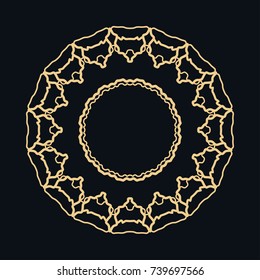 Golden round ornament, frame, border, line art icon. Vector linear floral geometric motif. Isolated design element for brochure, invitation card, logo, monogram, emblem. Gold and black background