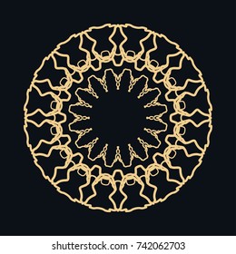 Golden round ornament, frame, border, line art icon. Vector linear floral geometric motif. Isolated design element for brochure, invitation card, logo, monogram, emblem. Gold and black background