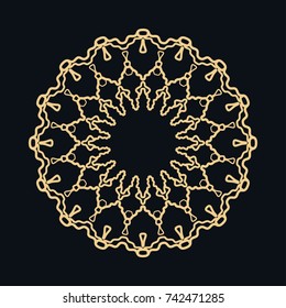 Golden round ornament, frame, border, line art icon. Vector linear floral geometric motif. Isolated design element for brochure, invitation card, logo, monogram, emblem. Gold and black background
