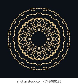 Golden round ornament, frame, border, line art icon. Vector linear floral geometric motif. Isolated design element for brochure, invitation card, logo, monogram, emblem. Gold and black background