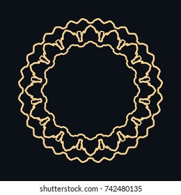 Golden round ornament, frame, border, line art icon. Vector linear floral geometric motif. Isolated design element for brochure, invitation card, logo, monogram, emblem. Gold and black background