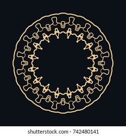 Golden round ornament, frame, border, line art icon. Vector linear floral geometric motif. Isolated design element for brochure, invitation card, logo, monogram, emblem. Gold and black background