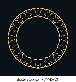 Golden round ornament, frame, border, line art icon. Vector linear floral geometric motif. Isolated design element for brochure, invitation card, logo, monogram, emblem. Gold and black background