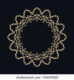 Golden round ornament, frame, border, line art icon. Vector linear floral geometric motif. Isolated design element for brochure, invitation card, logo, monogram, emblem. Gold and black background