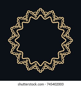 Golden round ornament, frame, border, line art icon. Vector linear floral geometric motif. Isolated design element for brochure, invitation card, logo, monogram, emblem. Gold and black background