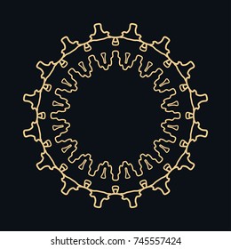 Golden round ornament, frame, border, line art icon. Vector linear floral geometric motif. Isolated design element for brochure, invitation card, logo, monogram, emblem. Gold and black background