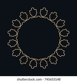 Golden round ornament, frame, border, line art icon. Vector linear floral geometric motif. Isolated design element for brochure, invitation card, logo, monogram, emblem. Gold and black background