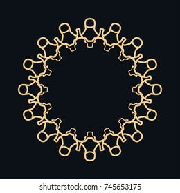 Golden round ornament, frame, border, line art icon. Vector linear floral geometric motif. Isolated design element for brochure, invitation card, logo, monogram, emblem. Gold and black background