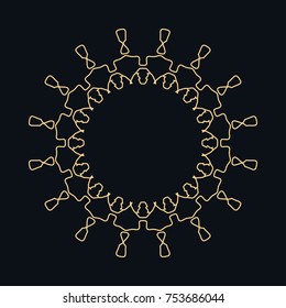 Golden round ornament, frame, border, line art icon. Vector linear floral geometric motif. Isolated design element for brochure, invitation card, logo, monogram, emblem. Gold and black background