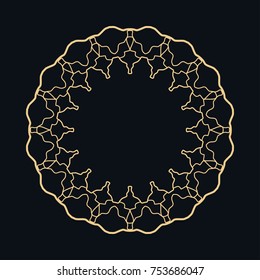 Golden round ornament, frame, border, line art icon. Vector linear floral geometric motif. Isolated design element for brochure, invitation card, logo, monogram, emblem. Gold and black background