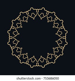 Golden round ornament, frame, border, line art icon. Vector linear floral geometric motif. Isolated design element for brochure, invitation card, logo, monogram, emblem. Gold and black background
