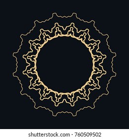 Golden round ornament, frame, border, line art icon. Vector linear floral geometric motif. Isolated design element for brochure, invitation card, logo, monogram, emblem. Gold and black background