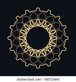 Golden round ornament, frame, border, line art icon. Vector linear floral geometric motif. Isolated design element for brochure, invitation card, logo, monogram, emblem. Gold and black background