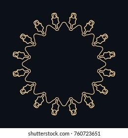 Golden round ornament, frame, border, line art icon. Vector linear floral geometric motif. Isolated design element for brochure, invitation card, logo, monogram, emblem. Gold and black background