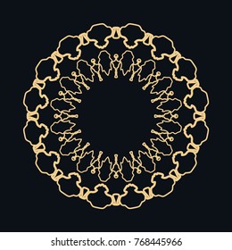 Golden round ornament, frame, border, line art icon. Vector linear floral geometric motif. Isolated design element for brochure, invitation card, logo, monogram, emblem. Gold and black background