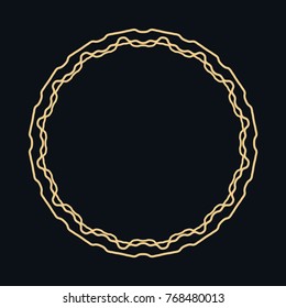 Golden round ornament, frame, border, line art icon. Vector linear floral geometric motif. Isolated design element for brochure, invitation card, logo, monogram, emblem. Gold and black background