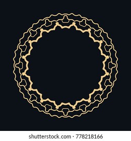 Golden round ornament, frame, border, line art icon. Vector linear floral geometric motif. Isolated design element for brochure, invitation card, logo, monogram, emblem. Gold and black background