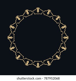 Golden round ornament, frame, border, line art icon. Vector linear floral geometric motif. Isolated design element for brochure, invitation card, logo, monogram, emblem. Gold and black background