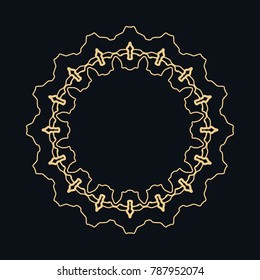 Golden round ornament, frame, border, line art icon. Vector linear floral geometric motif. Isolated design element for brochure, invitation card, logo, monogram, emblem. Gold and black background