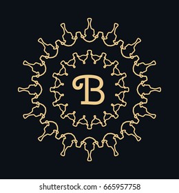 Golden round ornament, frame with letter B, border, line art icon. Floral geometric motif. Isolated design element for brochure, invitation card, logo, monogram, emblem. Gold and black background