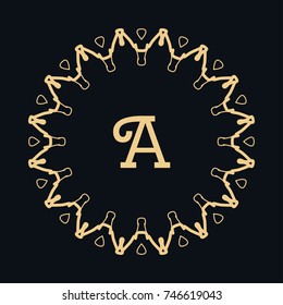 Golden round ornament with letter A, frame, border, line art icon. Floral linear motif. Isolated design element for brochure, invitation card, logo, monogram, emblem. Gold and black background