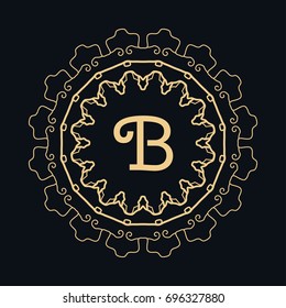 Golden round ornament with letter B, frame, border, line art icon. Floral linear motif. Isolated design element for brochure, invitation card, logo, monogram, emblem. Gold and black background