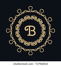 Golden round ornament with letter B, frame, border, line art icon. Floral linear motif. Isolated design element for brochure, invitation card, logo, monogram, emblem. Gold and black background