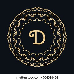 Golden round ornament with letter D, frame, border, line art icon. Floral linear motif. Isolated design element for brochure, invitation card, logo, monogram, emblem. Gold and black background