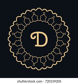 Golden round ornament with letter D, frame, border, line art icon. Floral linear motif. Isolated design element for brochure, invitation card, logo, monogram, emblem. Gold and black background