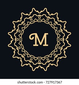 Golden round ornament with letter M, frame, border, line art icon. Floral linear motif. Isolated design element for brochure, invitation card, logo, monogram, emblem. Gold and black background