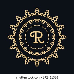 Golden round ornament with letter R, frame, border, line art icon. Floral linear motif. Isolated design element for brochure, invitation card, logo, monogram, emblem. Gold and black background