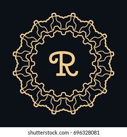 Golden round ornament with letter R, frame, border, line art icon. Floral linear motif. Isolated design element for brochure, invitation card, logo, monogram, emblem. Gold and black background