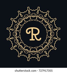 Golden round ornament with letter R, frame, border, line art icon. Floral linear motif. Isolated design element for brochure, invitation card, logo, monogram, emblem. Gold and black background