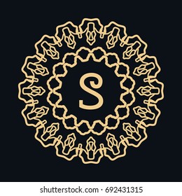 Golden round ornament with letter S, frame, border, line art icon. Floral linear motif. Isolated design element for brochure, invitation card, logo, monogram, emblem. Gold and black background