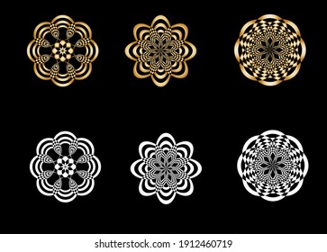 Golden round ornaments on black background. Vector gold design elements. 