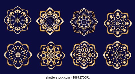 Golden round ornaments on dark blue background. Vector gold design elements. 