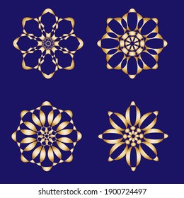 Golden round ornaments on dark blue background. Vector gold design elements. 