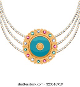 Golden round pendant necklace with jewelry gemstones on diamond chains. Precious necklace. Ethnic indian style brooch.