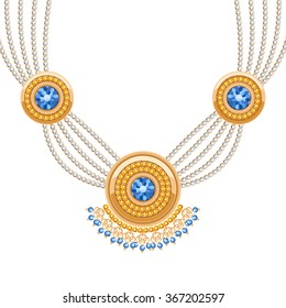 Golden round pendants necklace with jewelry blue gemstones on diamond chains. Precious necklace. Ethnic indian style brooch.