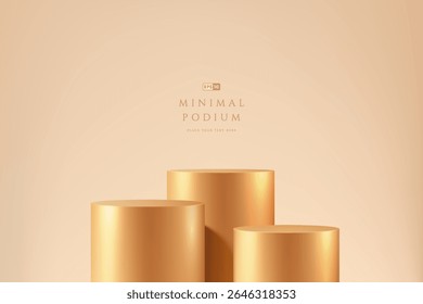 Golden round podium 3d background in empty room space in luxury style. Abstract geometric composition minimalist design. Studio display showroom product pedestal, Fashion stage showcases mockup scene.