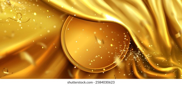 Golden round podium with flowing silk curtain, sparkling confetti and luminous ribbons on luxury backdrop. Premium celebration platform top view with glowing metallic fabric and festive particles.