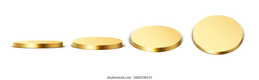 Golden round podium. Gold platform, podium. Round stage for product presentation. Golden winner stand for exhibition in different view angles. 3d metallic cylinder render vector set.