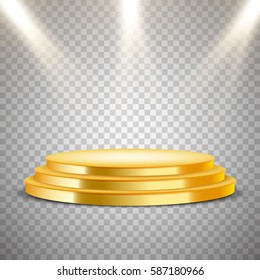 Golden round podium with lights effect, abstract background, vector