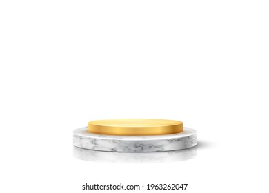 Golden round podium on gray marble platform for product. 3d pedestal in stone pattern vector illustration. Geometric stage on floor in room. Abstract place for advertising or decoration.